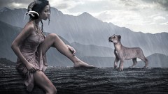 Animals woman horns Lions human fantasy art girls in nature 