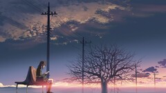 Anime 5 centimeters per second power lines Trees sunlight bench