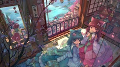 Anime anime girls kochiya sanae hakurei reimu touhou cityscapes 
