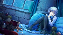 Anime beds chains blue hair anime girls blue eyes tights 