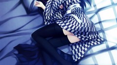 Anime beds pillows blue hair long hair anime girls blue eyes 