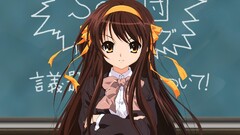 Anime blackboard school uniform Women brunette angry yellow eyes
