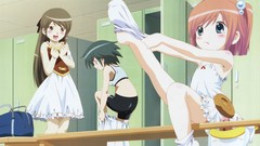 Anime blush anime girls green hair underwear panties undressing 