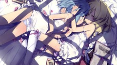 Anime Candies beds blondes blue hair anime girls short hair 