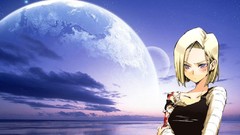 Anime Dragon Ball planets blue skies C18
