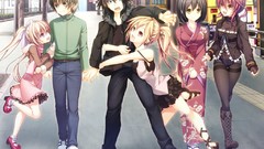 Anime dress pants hugging long hair anime girls short hair 