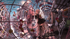 Anime dress psychedelic stockings anime girls cityscapes 