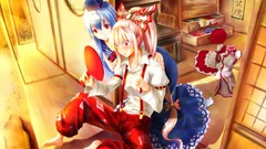 Anime dress white hair red eyes kimono blush blue hair long 