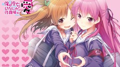 Anime fangs pink hair anime girls brunettes school uniforms 