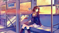 anime girls alone school uniform schoolgirl train Anime brunette