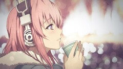 anime girls Anime headphones face super sonico hands pink hair