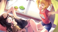 Anime girls black hair teddy bears underwear panties yellow hair