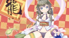 Anime girls blue eyes green hair antlers makoto tails cleavage 