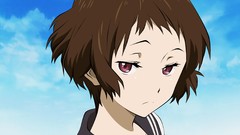 Anime girls brunettes school uniforms short hair purple eyes 