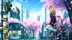 anime girls City bicycle cherry blossom school uniform cityscape