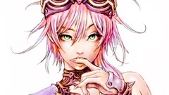 anime girls face drawing biting Anime Women green eyes pink hair