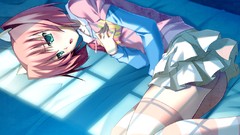 Anime girls green eyes short hair game cg anne thigh highs 