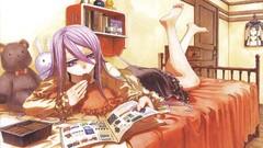 anime girls in bed teddy bears Anime legs legs up barefoot