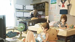 anime girls indoors interior in bed Anime room women trio TV