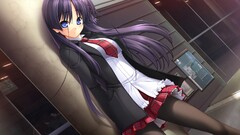 anime girls miniskirt tie long hair purple hair blue eyes Anime