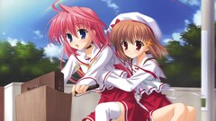 anime girls pink hair blue eyes red eyes school uniform bicycle