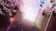 anime girls school uniform cherry blossom