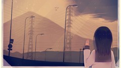 Anime girls school uniforms artwork electricity pole