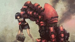 Anime girls school uniforms short hair black hair mechanical arm