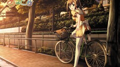 anime girls schoolgirl bicycle school uniform brunette sunset