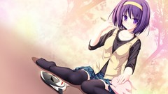 Anime girls short hair purple hair purple eyes thigh highs 