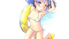 Anime glasses blue hair short hair bikini Simple Background 