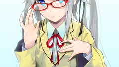 Anime glasses Ribbons schoolgirls long hair anime girls blue 