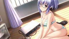 Anime glasses socks nostalgia legs blue hair anime girls bra 