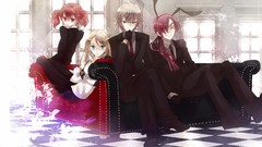 Anime glasses window tie red eyes gloves sitting suit blondes 