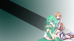 Anime green eyes green hair cleavage orange hair sword art 