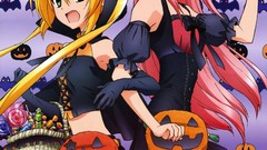 Anime Halloween blondes pink hair long hair anime girls green 