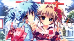 Anime kimono blush blue hair anime girls blue eyes brunettes 