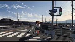 Anime kissing anime girls brunettes school uniforms cityscapes 