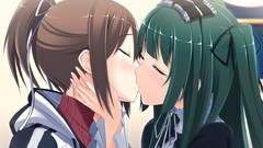 Anime kissing blush anime girls closed eyes brunettes green 