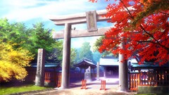 Anime landscape temple Trees torii Japan red leaves