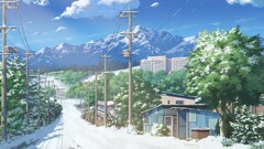 Anime landscape town mountain top snow power lines road Trees