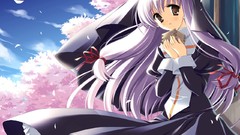 Anime long hair anime girls brown eyes flower petals cherry 