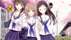 Anime long hair anime girls school uniforms cherry blossoms 