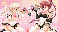 Anime plaid Chibi red eyes Ribbons blondes blush pink hair pink 