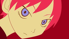 Anime red background faces anime girls blue eyes short hair 