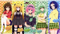 Anime red eyes blondes skirts blue hair pink hair long hair 