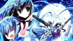 Anime red eyes blue hair anime girls green eyes Rifles yukata 