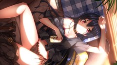 Anime red eyes long hair anime girls black hair underwear 