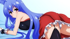 Anime red eyes stockings skirts blush blue hair long hair anime 