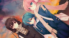 Anime scarfs pink hair long hair blue eyes brown eyes brunettes 